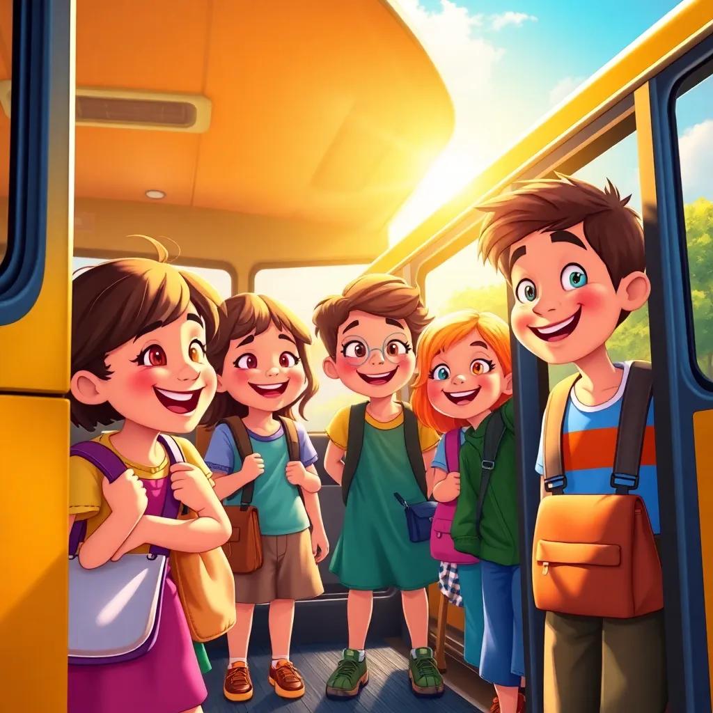 Children boarding a bus with big smiles, talking excitedly about their museum trip, sun shining brightly, colorful and happy atmosphere.