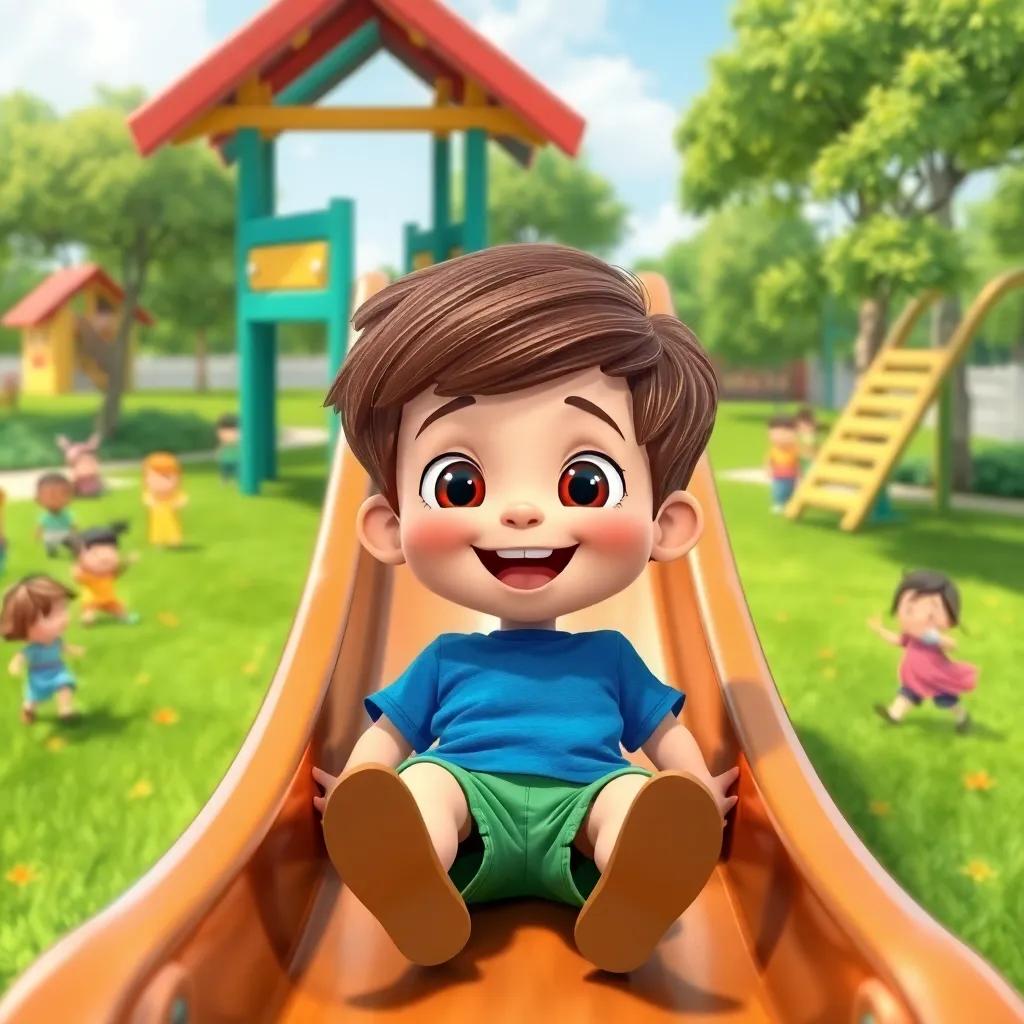 A little boy named Sam, with brown hair, wearing a blue t-shirt and green shorts, sliding down a big slide in a vibrant park with green grass and happy children around, cheerful atmosphere, bright sun, digital art, child-friendly, colorful