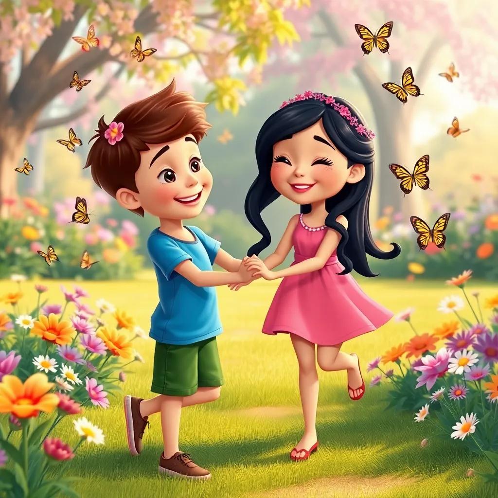 Sam, with brown hair, wearing a blue t-shirt and green shorts, wearing a flower crown, dancing with a girl named Mia, who has long black hair in pigtails, wearing a pink dress, surrounded by butterflies and colorful flowers in a beautiful park, warm colors, joyful mood, illustration, vibrant and fun