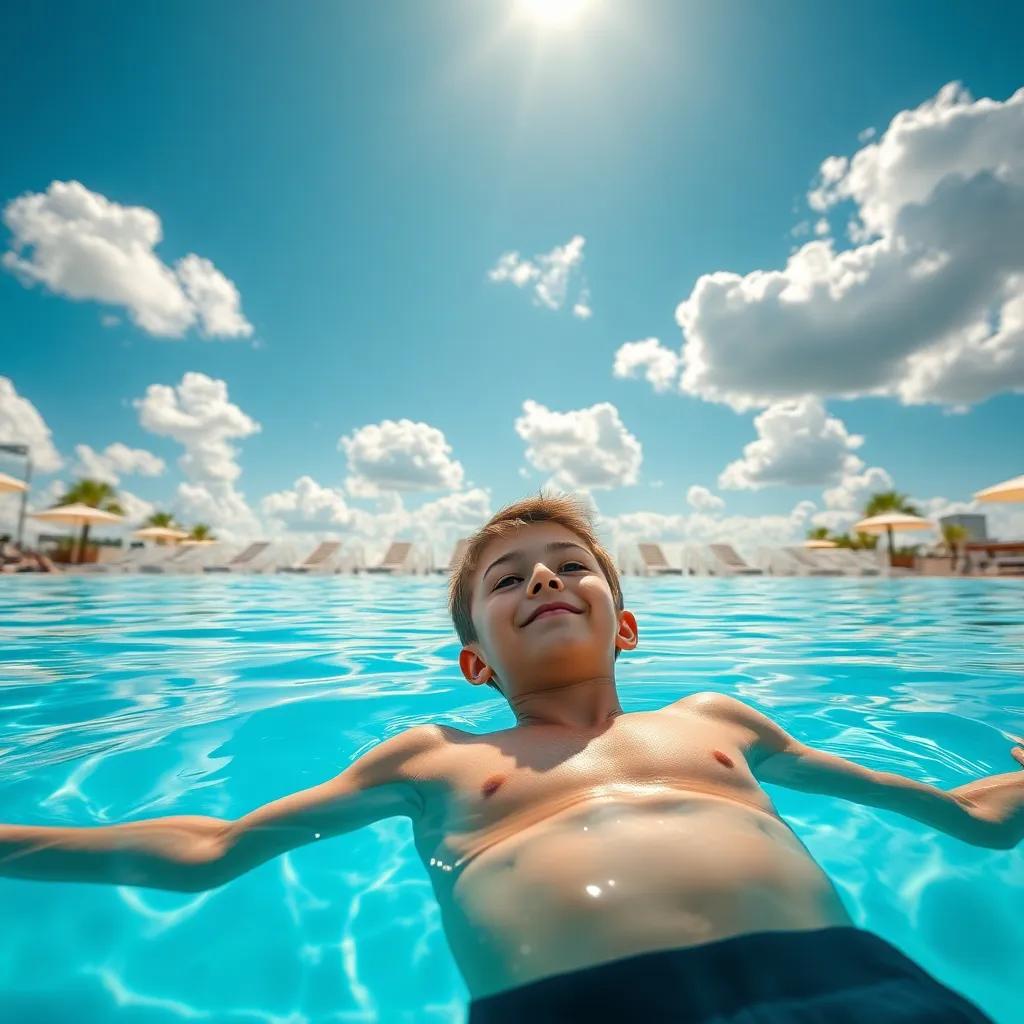 A handsome 15-year-old boy, Jake, floating on his back in a clear blue hotel pool, with bright fluffy clouds above and sunshine reflecting in the water, digital art, vibrant, serene atmosphere, high quality