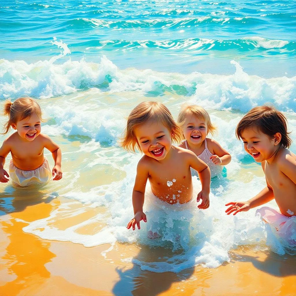 A bright sunny beach with golden sand and clear blue waters, children playing in the waves, splashing water, joyful expressions, afternoon light, vibrant colors, high quality