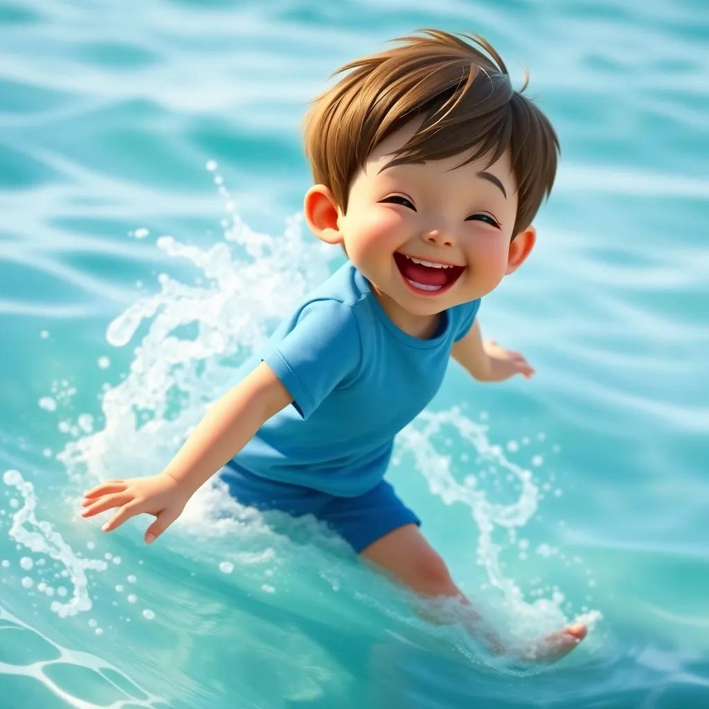 A young child with short brown hair in a blue t-shirt and shorts, splashing in the ocean with cool waves, laughing with joy, sunny day, dynamic, playful, bright blue water