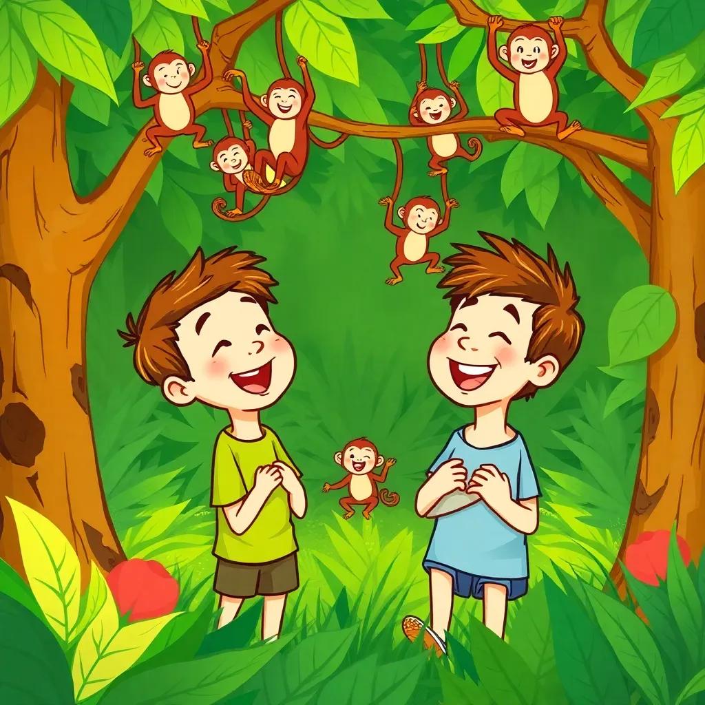 Max and Leo watching monkeys swinging from trees, with laughter and joy in their expressions, lush greenery, playful scene, bright colors, animated style, cheerful moments