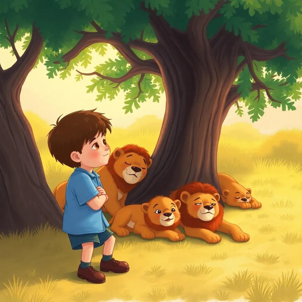 Max and Leo quietly observing sleeping lions under a tree, curious and careful expressions, warm sunlight filtering in, peaceful ambiance, engaging illustration, colorful