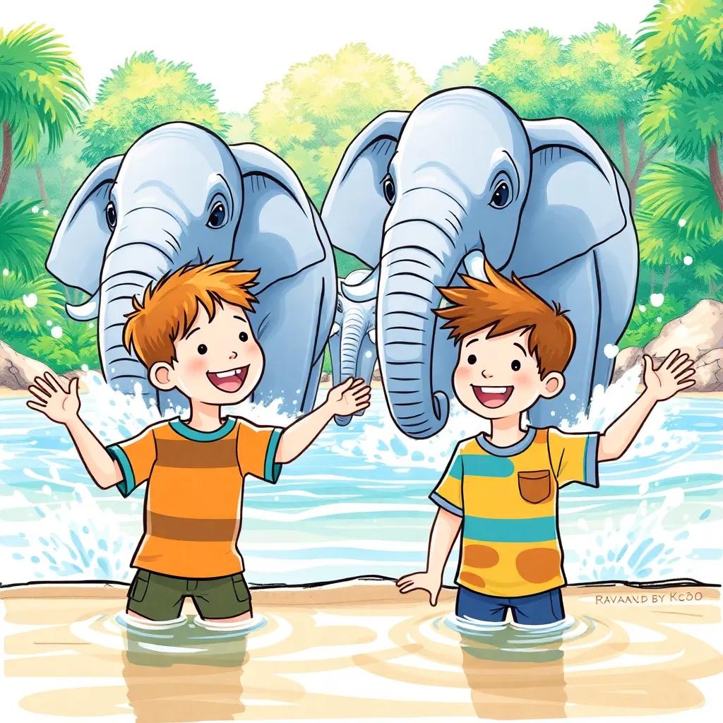 Two boys, Max and Leo, joyfully watching elephants splashing water, surrounded by a lively zoo environment, splashes of water, bright, fun, imaginative drawing