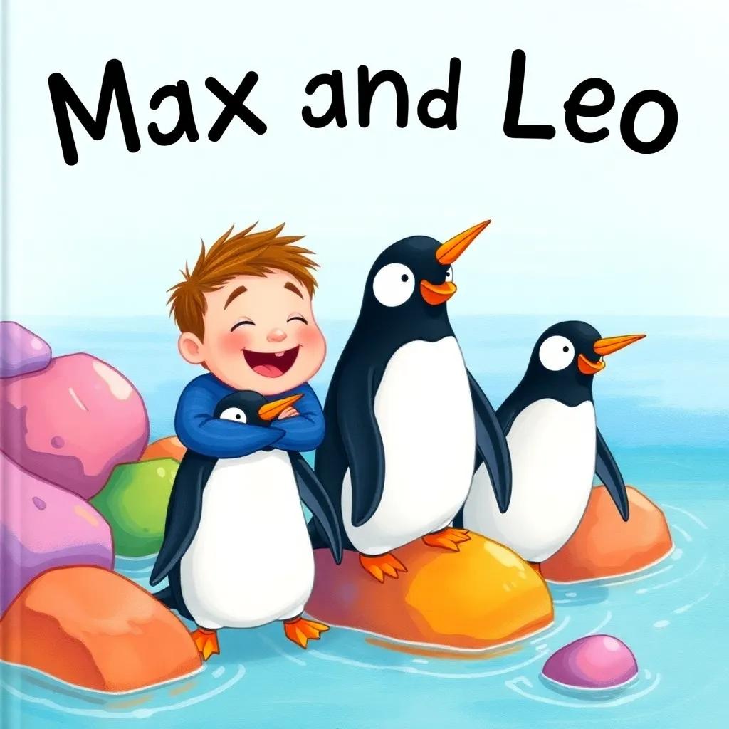 Max and Leo laughing at waddling penguins, with playful expressions, colorful rocks and water around, joyful atmosphere, whimsical style, brightly colored