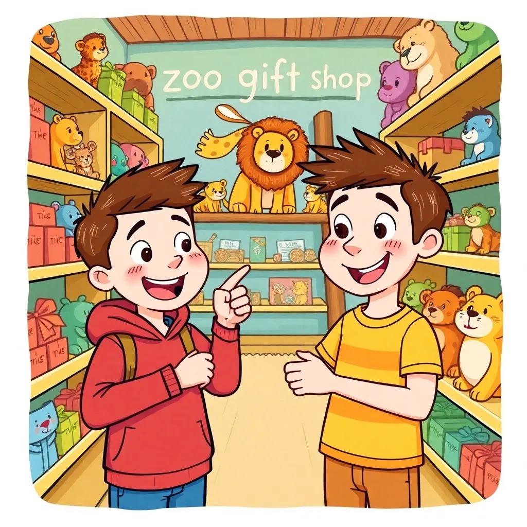 Max and Leo in the zoo gift shop, pointing at toy lions, bright shelves with toys all around, excited expressions, cheerful colors, friendly vibe, cartoonish charm