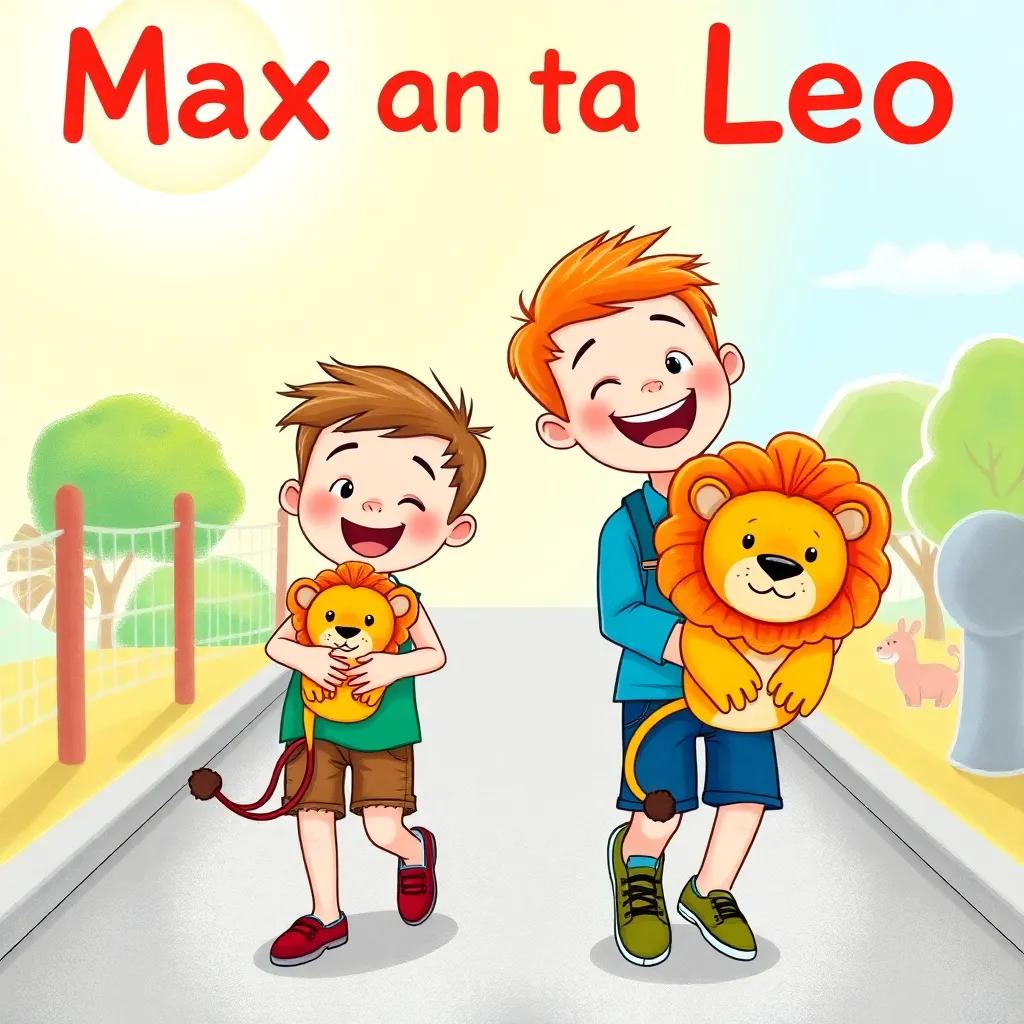 Max and Leo with toy lions in their hands, leaving the zoo with big smiles, bright sunny day, happy faces, colorful backdrop, heartwarming scene, joyful illustration