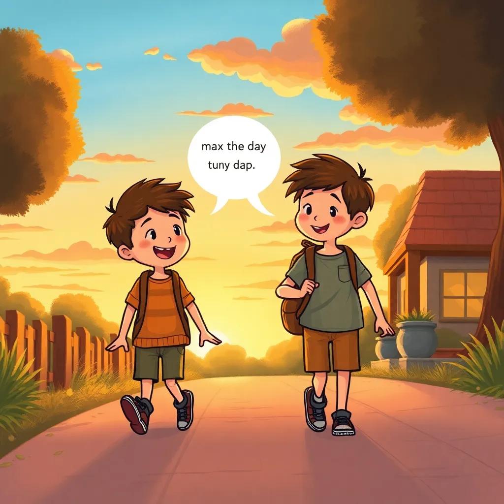Max and Leo walking home, chatting excitedly about their day at the zoo, sunset sky with warm colors, happy and tired, dreamy atmosphere, delightful artwork
