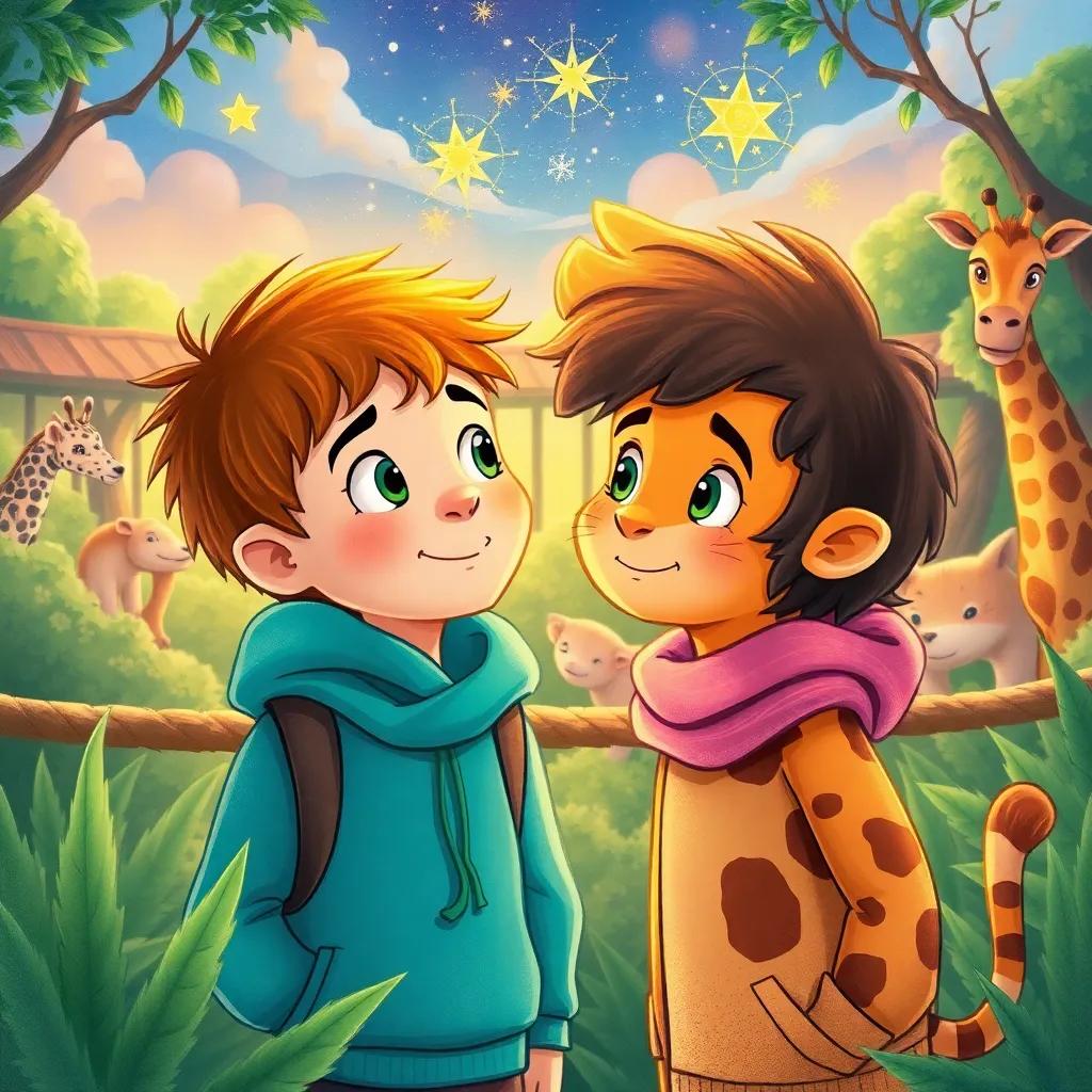 Max and Leo, at the zoo, with bright imaginations and dreams in their eyes, thinking of their next adventure, dreamy scene, colorful and magical