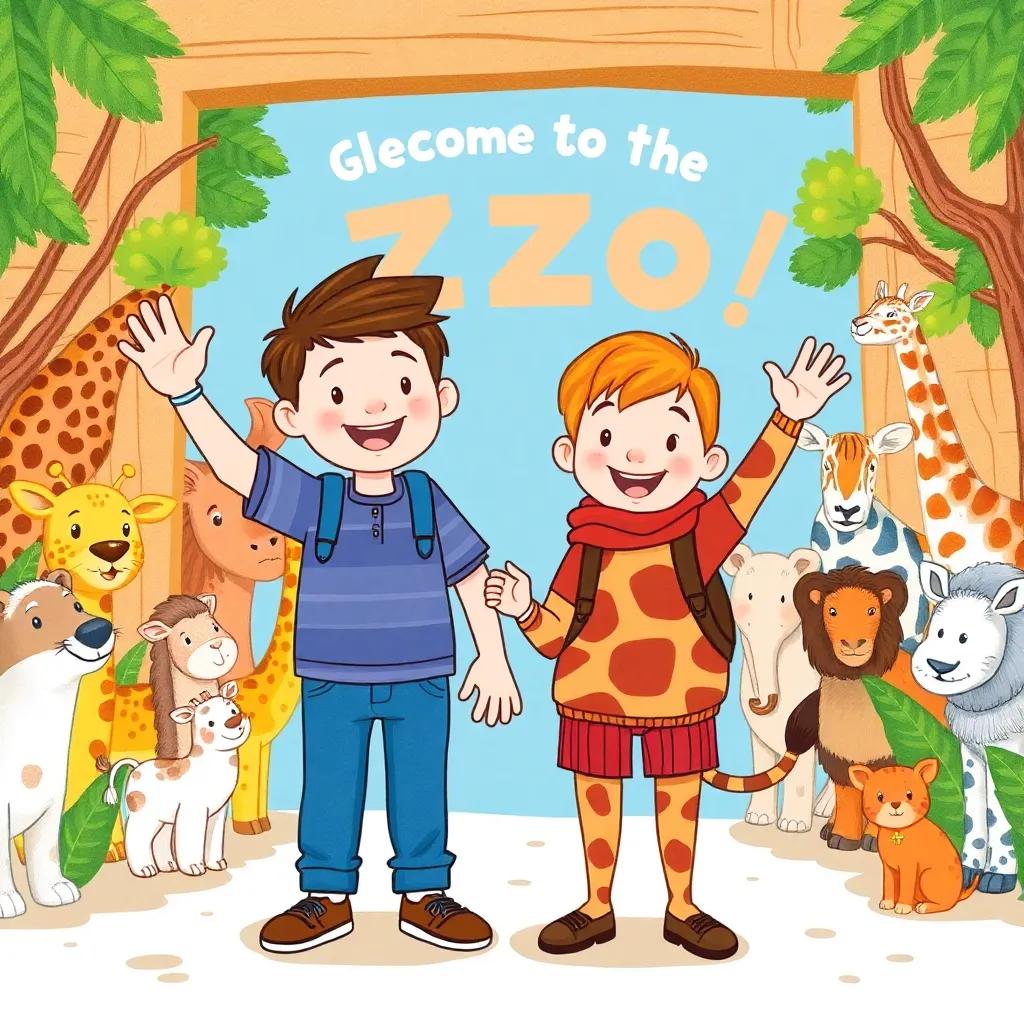 Max and Leo waving goodbye to the zoo, surrounded by animals in the background, warm colors, friendly and welcoming scene, bright and cheerful artwork