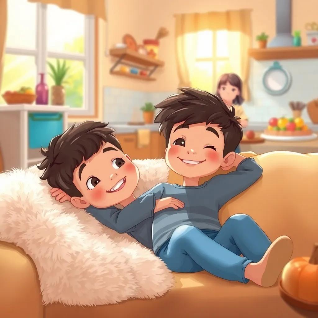 A cheerful boy, Ali, about 8 years old, lying comfortably on a fluffy sofa, sunlight streaming through the window. His mother is in the kitchen, smiling as she bakes a big pie that sits on a table full of fruits, colorful kitchen, homey atmosphere, digital art, warm colors, delightful scene, high quality