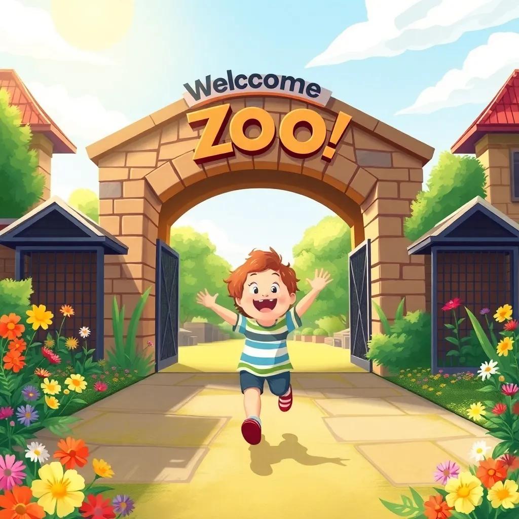 A child excitedly running towards a large zoo entrance with a 'Welcome to the Zoo!' sign above, bright sunny day, colorful flowers around, happy atmosphere, digital illustration, cheerful colors, engaging composition, high quality.