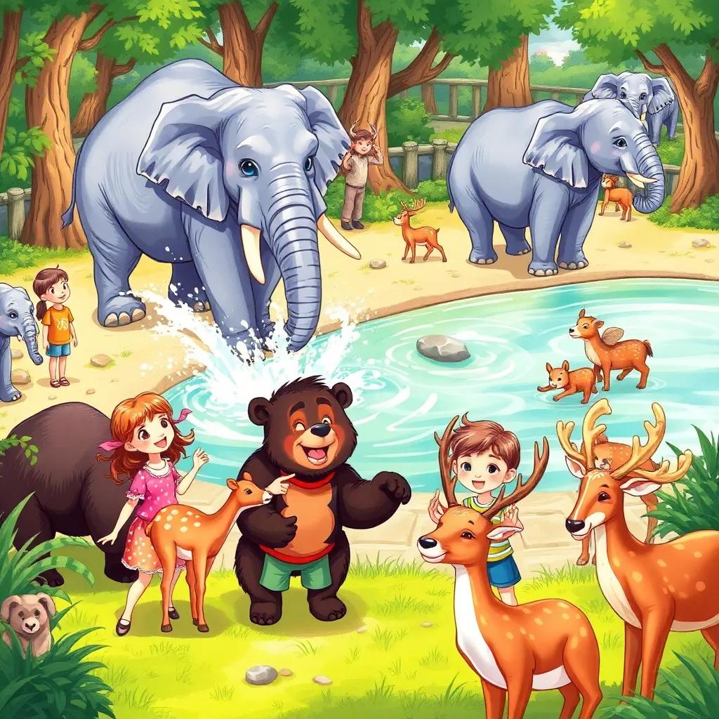 A busy zoo scene with elephants splashing water, bears walking around, and deer eating grass, children smiling and pointing at the animals, vibrant and lively environment, digital art, bright colors, lively and inviting, high quality.