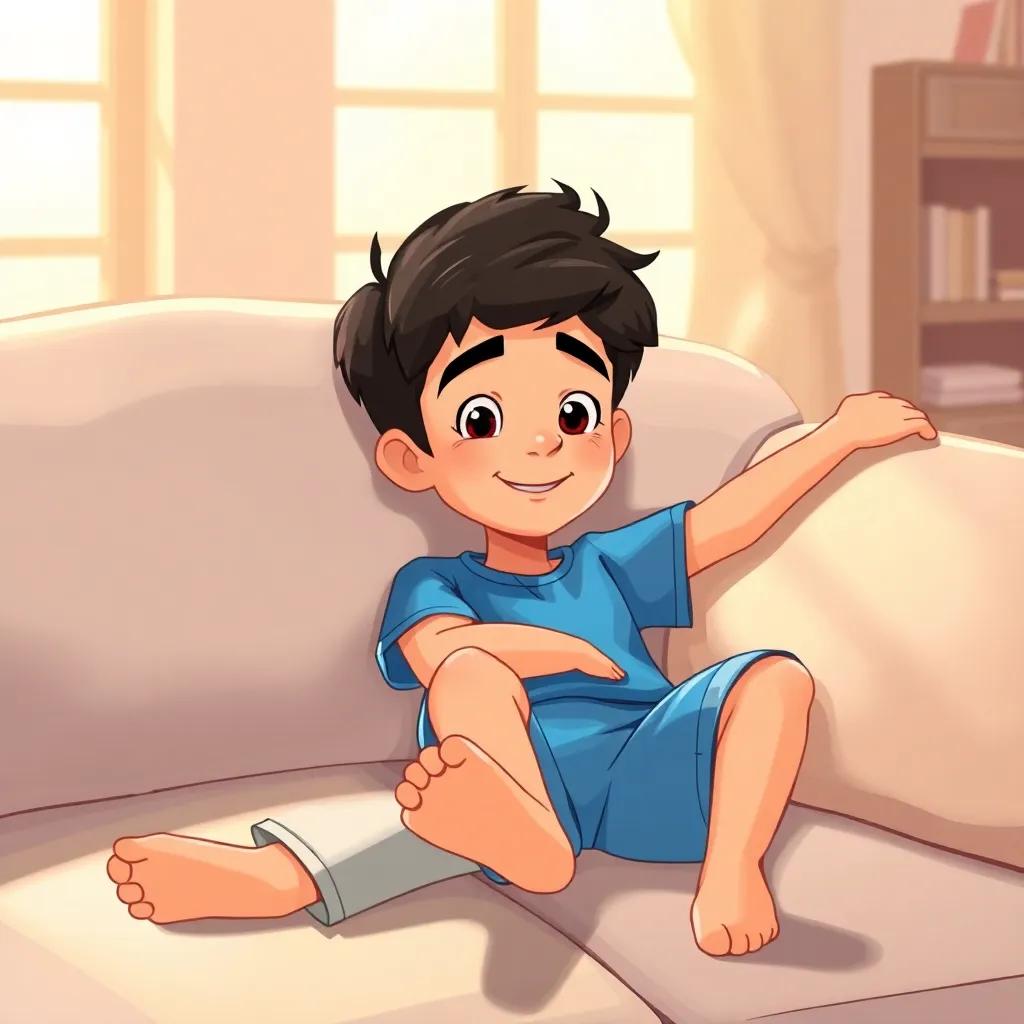 A young Arab boy, Ali, with short black hair, wearing a blue T-shirt and shorts, lying lazily on a cozy sofa with sunlight streaming in, digital illustration, warm colors, cheerful atmosphere, high quality