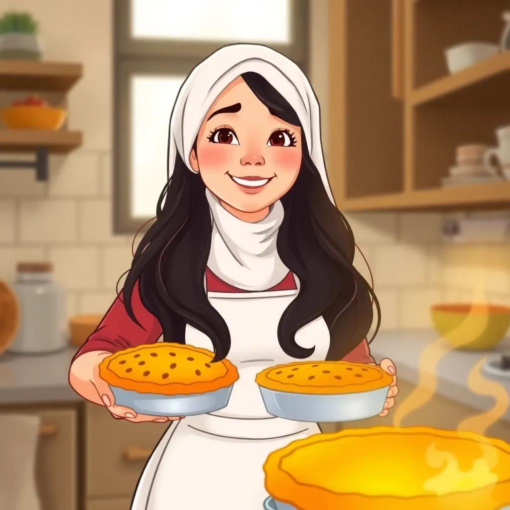 A young Arab woman, Ali's mother, smiling with long dark hair, wearing an apron, taking a golden brown pie out of the oven, with a kitchen background filled with warm light, digital art, family-friendly, inviting ambiance