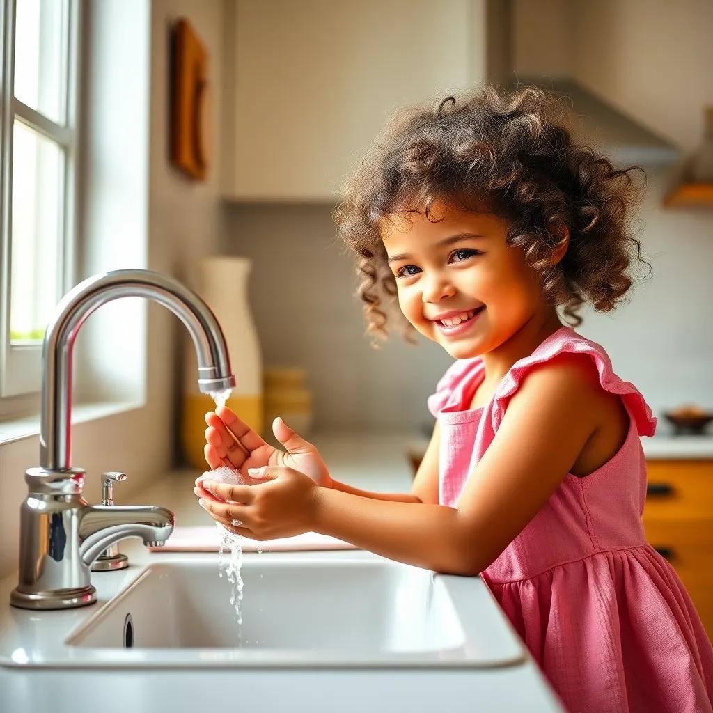 A young girl, Sara, with curly hair wearing a pink dress, happily washing her hands with soap at a sink, bright kitchen setting, cheerful atmosphere, warm light, high quality