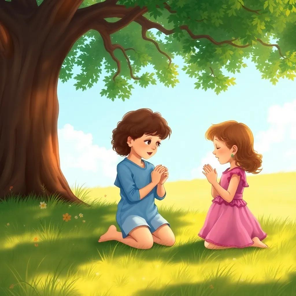 Two young children, Sara with curly hair in a pink dress and Ali in a blue shirt, kneeling on soft grass under a big tree, whispering a prayer together, sunny day, peaceful vibe, detailed illustration, inviting scene