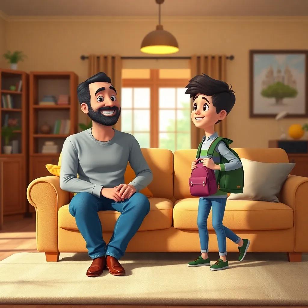 A father, Ahmed, sitting on a cozy couch in a warm living room, smiling at his son Muhammad, who is entering with a school bag, cheerful atmosphere, bright colors, inviting interior, digital art, child-friendly, high quality