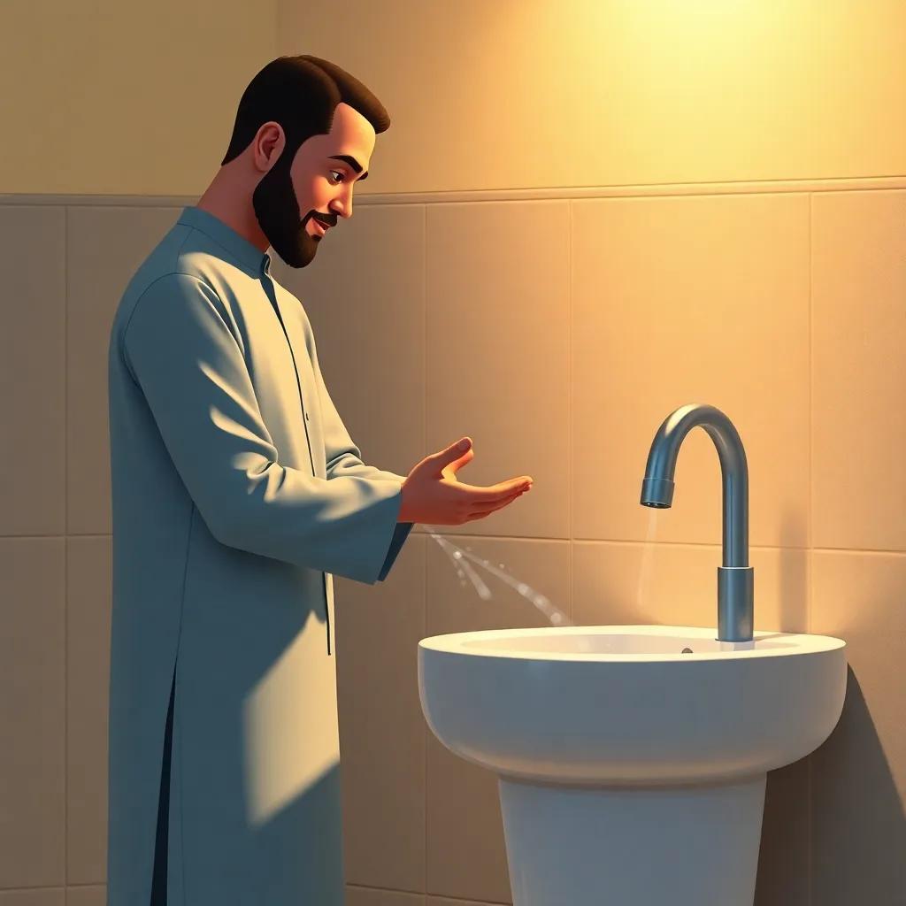 A father, Ahmed, demonstrating how to perform ablution, standing beside a sink with his son Muhammad watching attentively, warm light illuminating the scene, detailed and friendly, educational atmosphere, digital art, high quality