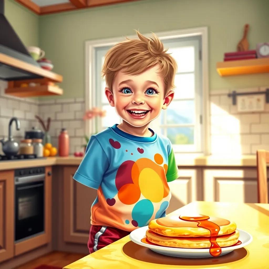 A cheerful child with bright eyes, wearing a colorful t-shirt and shorts, smiling while standing in a sunny kitchen, with a plate of pancakes and syrup on the table, vibrant colors, joyful atmosphere, high quality