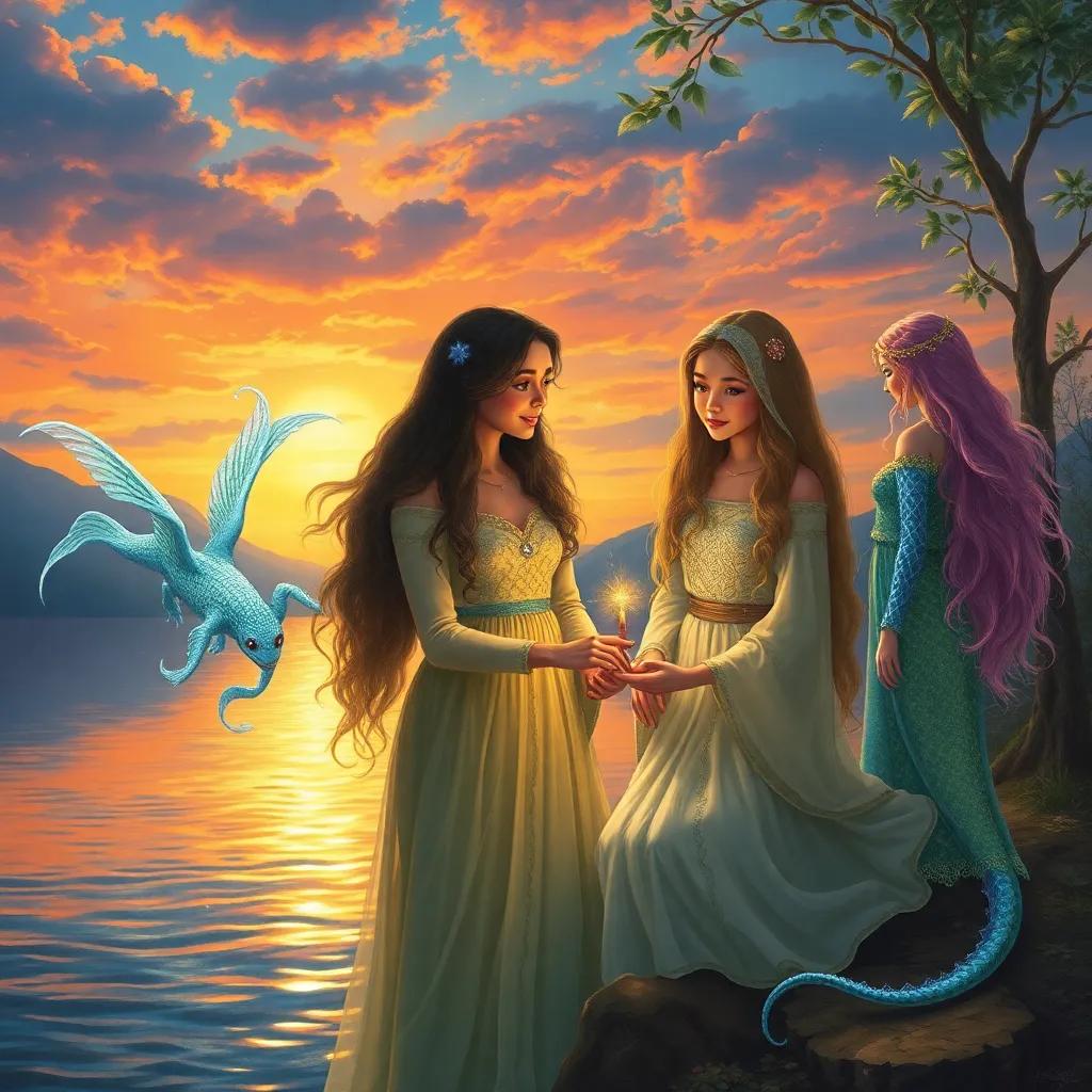 Three friends, Amani, Kadir, and Lila, making a wish together at sunset by a shimmering lake, ethereal lake spirits appearing with flowing hair and shimmering scales, magical light, enchanting evening, dreamy atmosphere, vibrant colors, whimsical scene, highly detailed