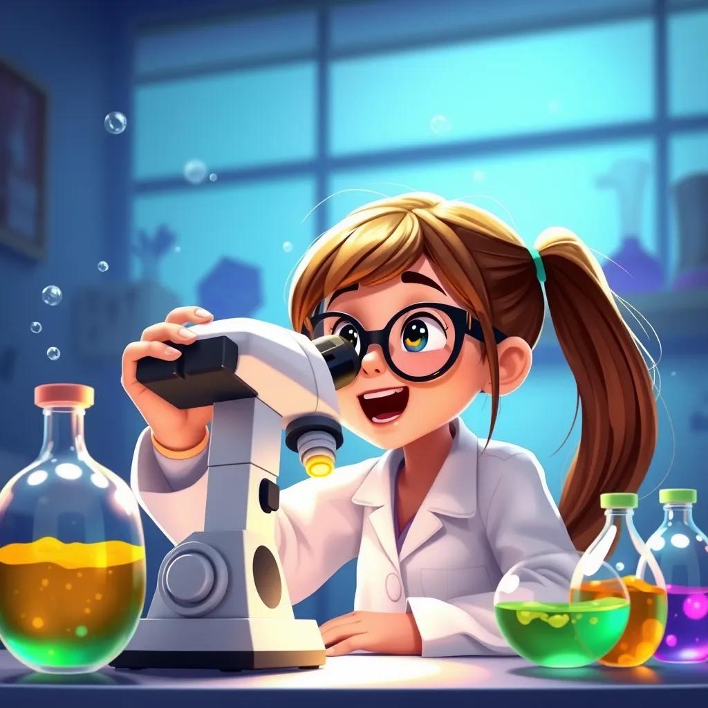 A young girl, Mia, with long brown hair, wearing a white lab coat and glasses, excitedly looking through a microscope with colorful liquids around her, illustration, bright colors, curious ambiance, engaging scene, child-friendly