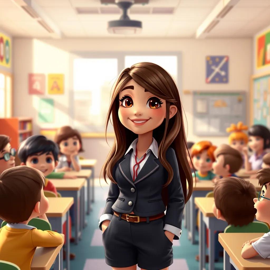A young girl, Mia, with long brown hair, in a smart outfit, standing in a colorful classroom with happy children around her, teaching with joy, digital painting, warm colors, inviting atmosphere, uplifting view, high quality