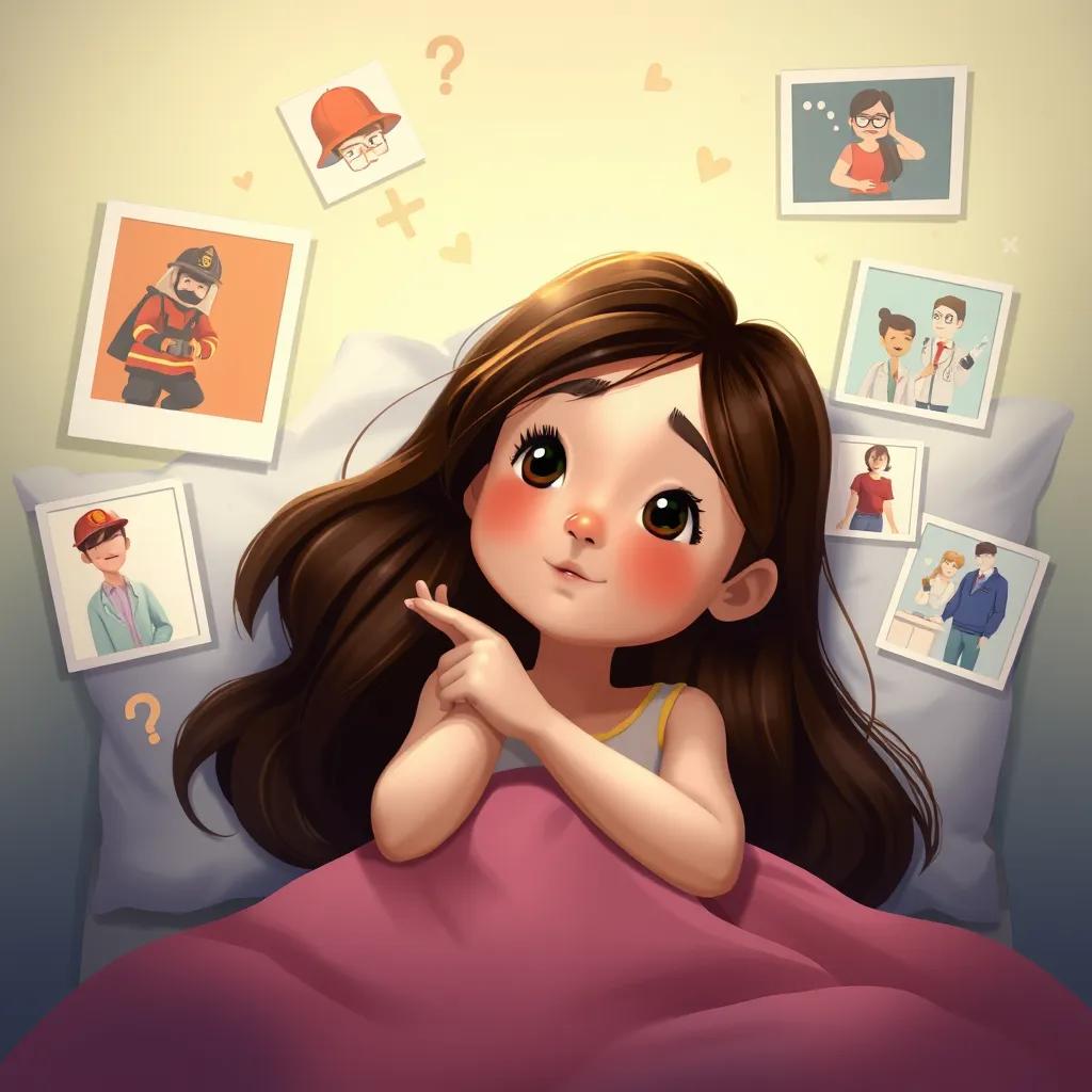 A young girl, Mia, with long brown hair, dreaming on her bed surrounded by pictures of different careers like a fireman, scientist, and teacher, digital art, soft colors, dreamy environment, thoughtful perspective, imaginative scene
