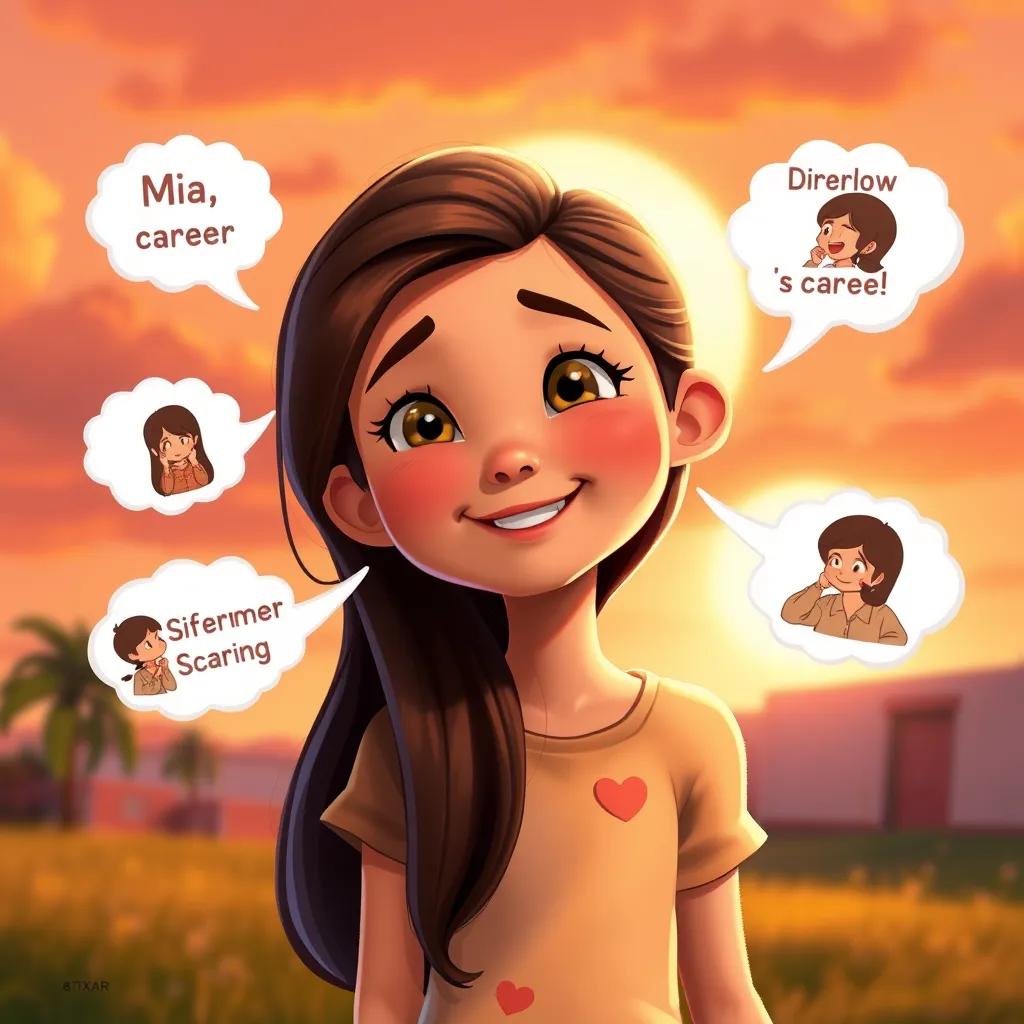 A young girl, Mia, with long brown hair, smiling under a sunset sky, with thought bubbles showing her dream careers, cheerful and vibrant colors, joyful atmosphere, whimsical style, child-friendly