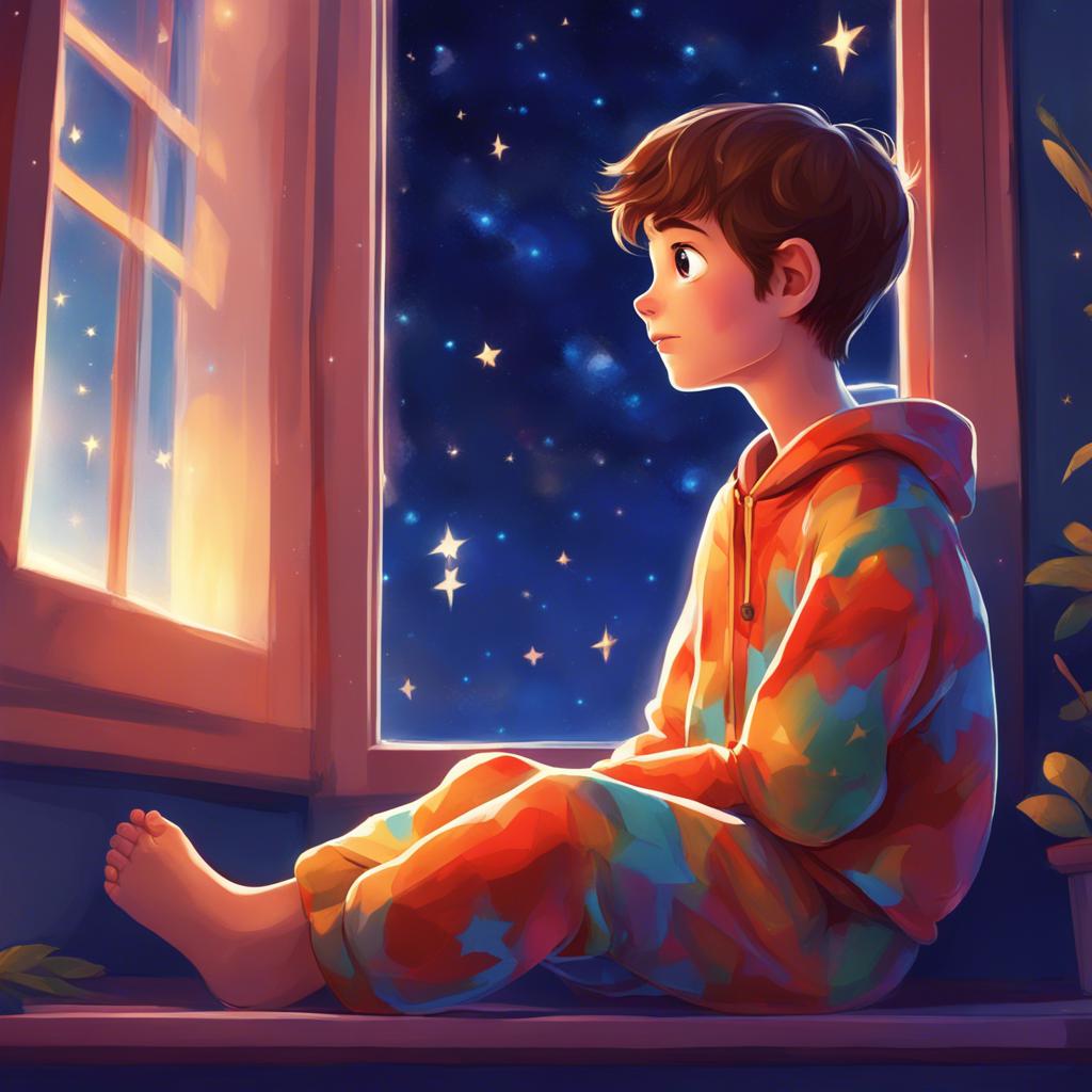 A young boy, Liam, with short brown hair, wearing colorful pajamas, sitting by a window, looking out at a starry sky, digital art, bright colors, magical atmosphere, high quality