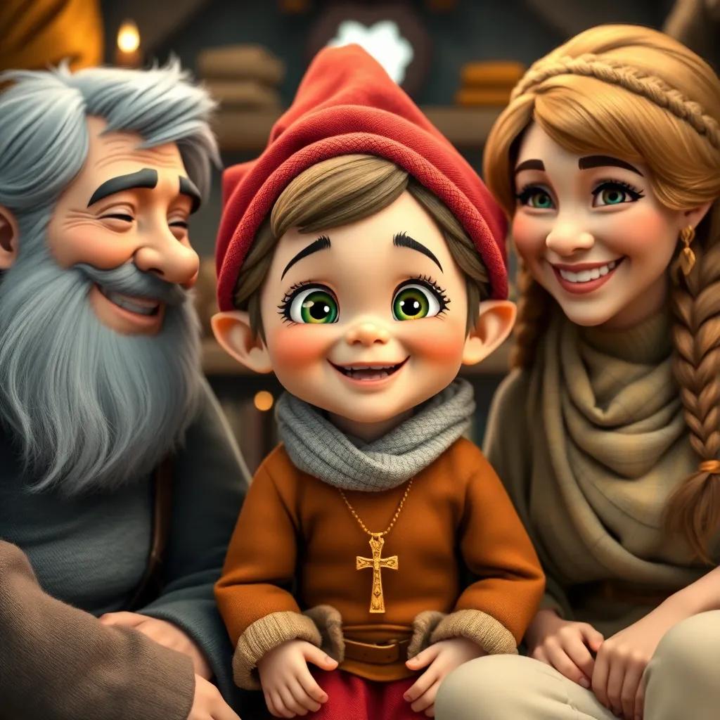A joyful dwarf girl named Faye with bright eyes and a cross necklace, surrounded by her loving parents Torin and Elara, their home filled with warmth and laughter, cheerful scene, colorful, heartwarming, high quality