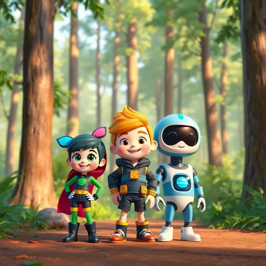 A small team of heroes, Milli, Geo, and Bot, standing cheerfully in a bright and colorful forest, surrounded by tall trees and lush greenery, smiling and ready for an adventure, digital art, vibrant colors, cheerful atmosphere, high quality