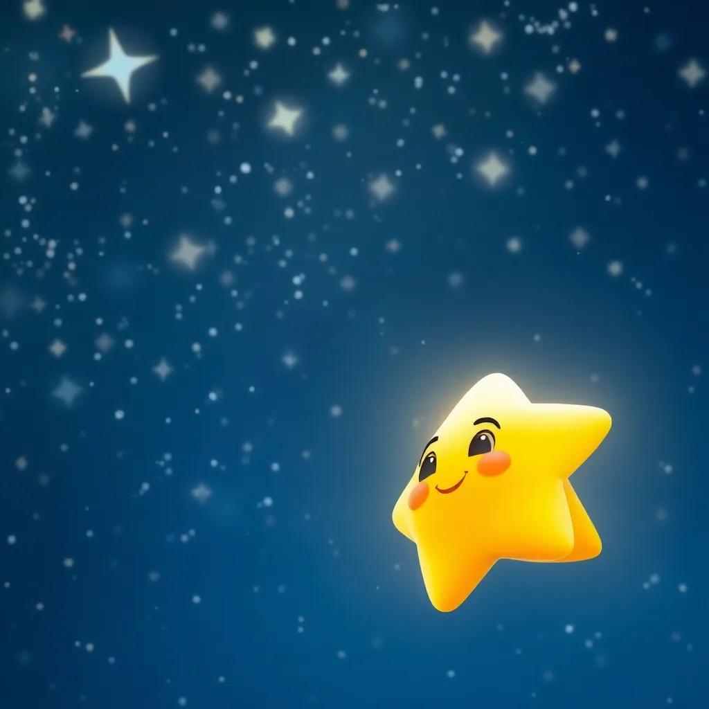 A small, glowing star, looking up at the night sky filled with twinkling stars, a dreamy expression, bright colors, cheerful atmosphere, digital art
