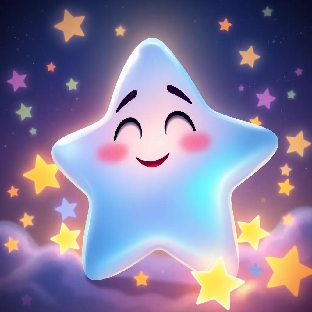A wise old star, shimmering bright, surrounded by other colorful stars, glowing softly, inviting ambiance, illustration, conveying warmth and kindness
