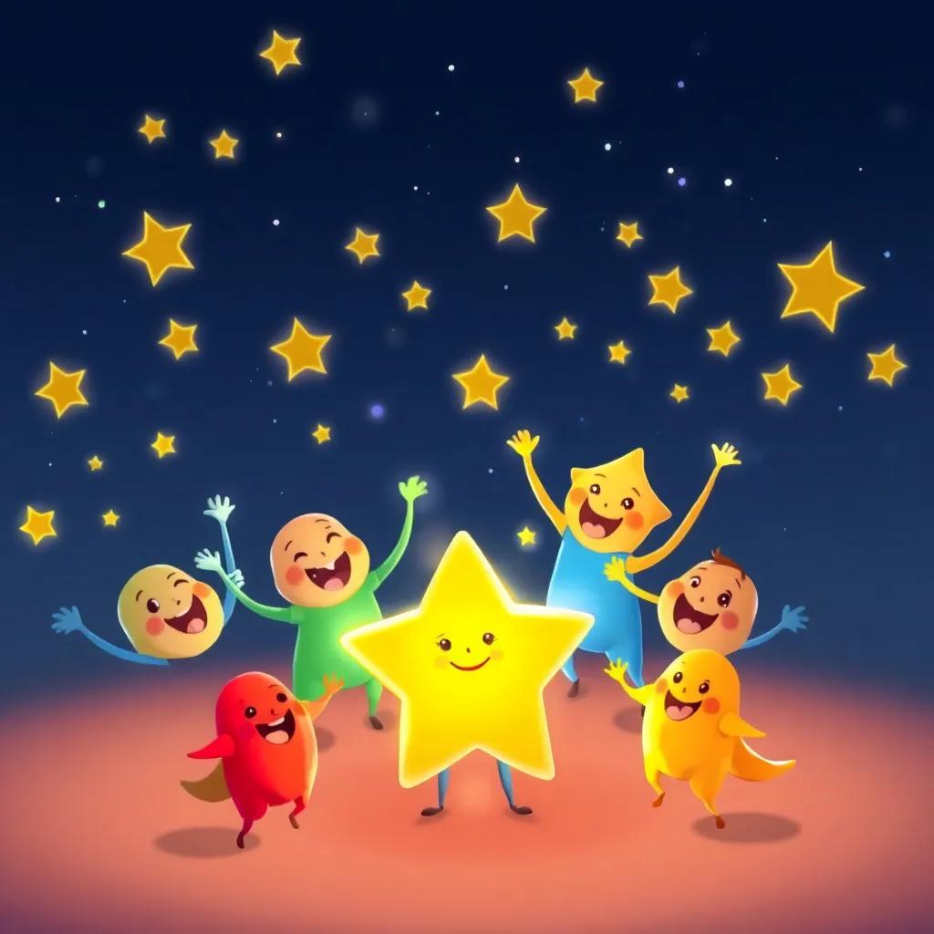 A joyful scene of different stars dancing around the small star, each shining in unique colors, joyful expressions, a festive and harmonious atmosphere
