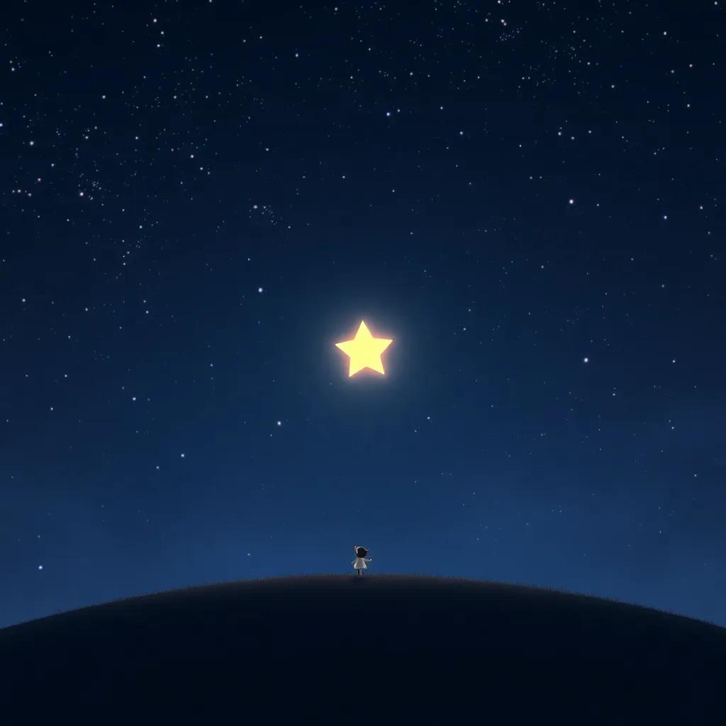 The small star dancing in the night sky, a gentle light emerging from her, surrounded by shimmering friends, soft and enchanting view, celebration under the night sky