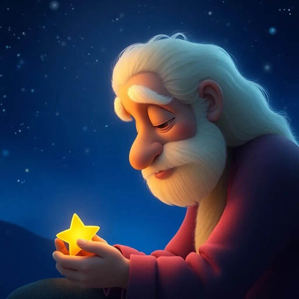 The old wise star speaking to the small star, with a soft glow illuminating their faces, starry background, deep blue twilight, heartwarming scene