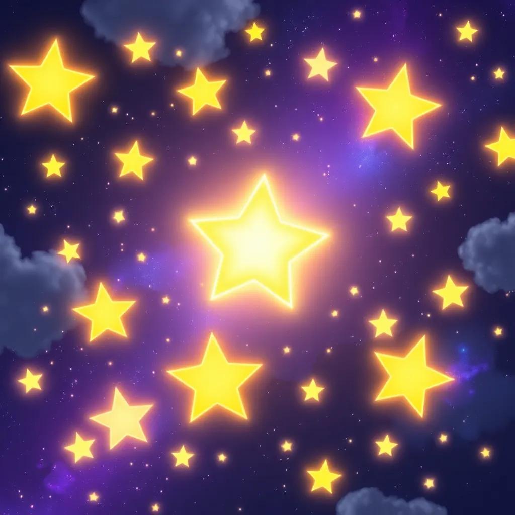 All the stars glowing bright, including the small star, creating a beautiful pattern in the sky, expressing diversity and friendship, vibrant scene