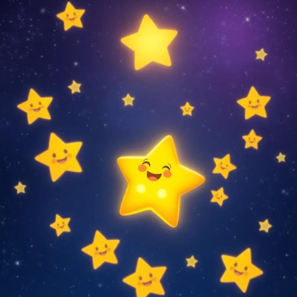 The small star shining brilliantly, happy and confident, surrounded by other stars with joyful faces, an enchanting starry night, magical atmosphere