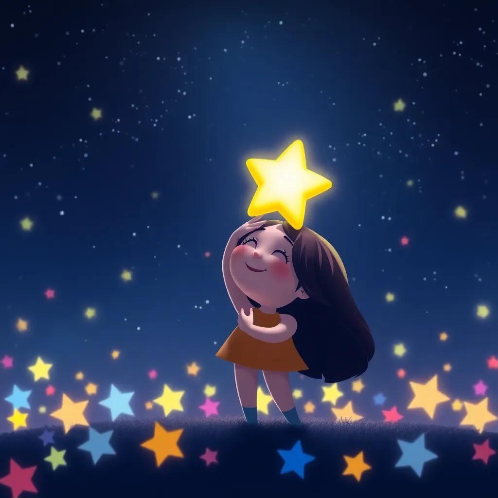 The small star embracing her uniqueness under the night sky, glowing brightly, a surrounding of colorful stars supporting her, cheerful and uplifting