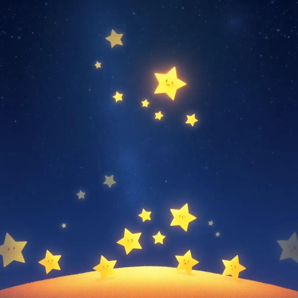 The small star happily twinkling in the sky, surrounded by her star friends, all together celebrating their unique brightness, a beautiful conclusion to the story.