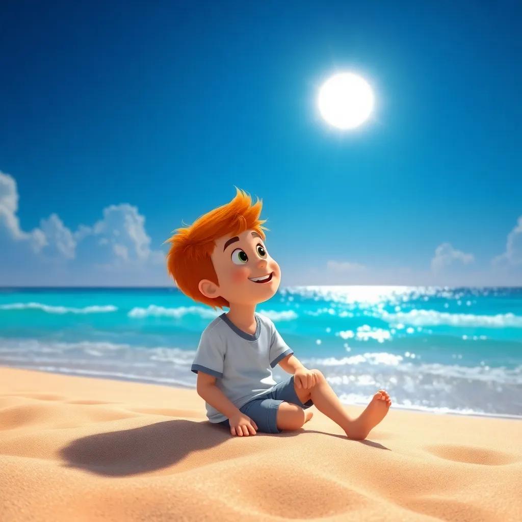 Um garoto alegre chamado Pedro, com cabelo castanho, usando camiseta e shorts, sentado na areia da praia, observando uma estrela do mar colorida e brilhante, dia ensolarado, digital art, vibrante cores, atmosfera alegre, qualidade alta