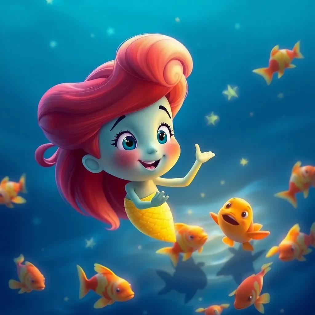Uma estrela do mar falante, Estelinha, com braços coloridos e expressão amigável, flutuando na água com Pedro ao lado, peixes coloridos nadando em volta, profundo azul do mar, cena mágica, arte digital, vívida, encantadora