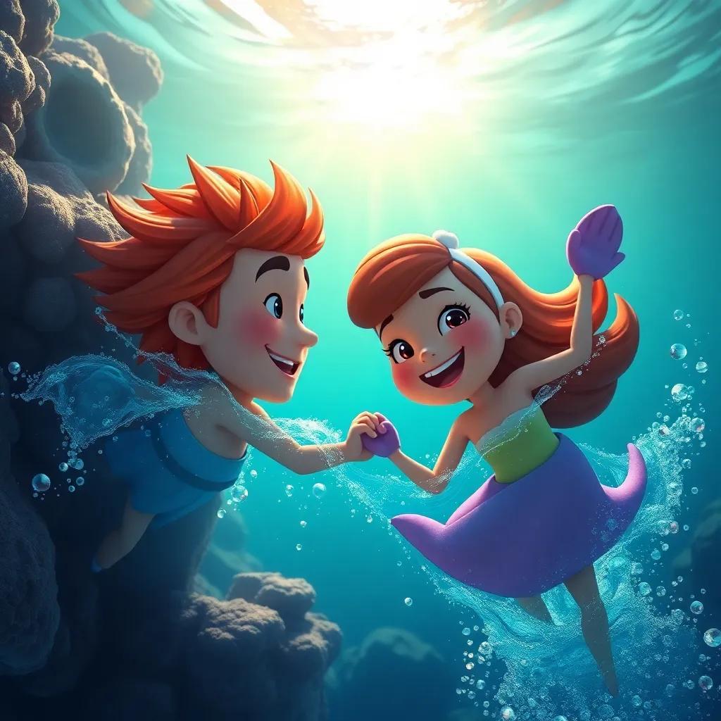 Pedro e Estelinha mergulhando juntos no oceano, cilíndricos corais cheios de cores vibrantes ao fundo, luz do sol entrando na água, um ambiente subaquático alegre, digital art, feliz, atmosfera mágica