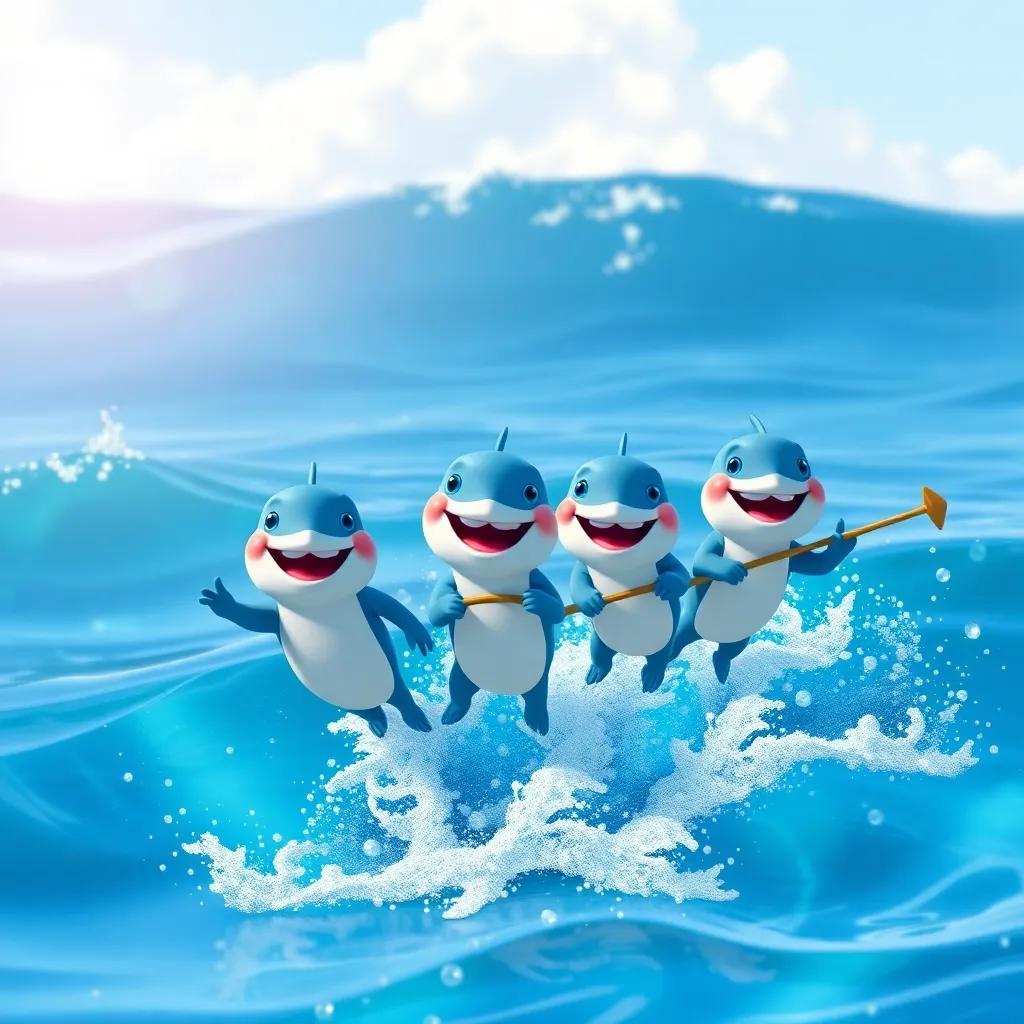 Um grupo de golfinhos sorridentes pulando nas ondas em volta de Pedro e Estelinha, cenário marinho esplêndido, mar azul claro, cheia de vida e alegria, arte digital, vibrante, divertida
