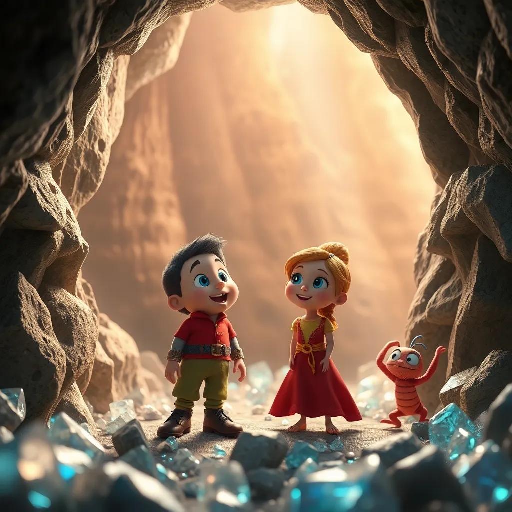 Pedro e Estelinha dentro de uma caverna mágica, pedras brilhantes ao redor e criaturas marinhas olhando curiosamente, ambiente místico e fascinante, arte digital, cheia de detalhes e cores