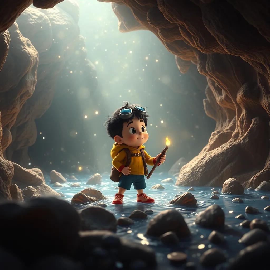 Pedro explorando conchas e pequenos segredos do mar, dentro da caverna, cercado por luzes brilhantes e mistérios, expressão de admiração, arte digital, incrível e detalhada