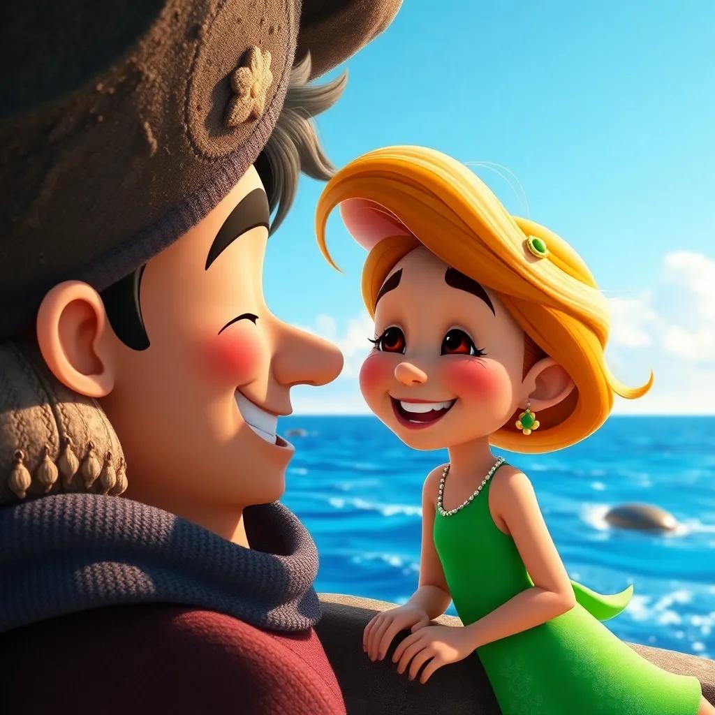 Um close de Pedro sorrindo e acenando para Estelinha, com o mar azul e areia dourada ao fundo, expressando felicidade e esperança, digital art, cheia de vida e cores