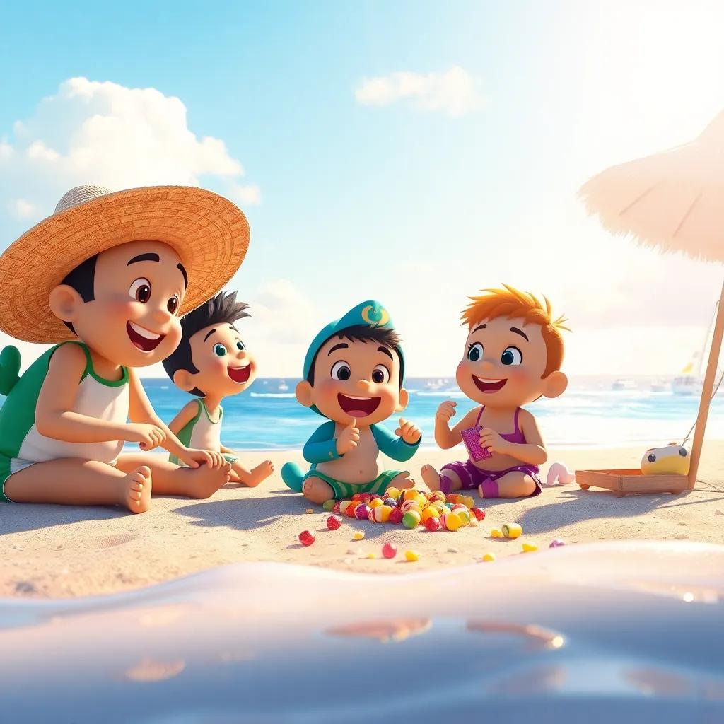 Pedro e seus amigos brincando na praia, coletando lixo e cuidando do ambiente marinho, dia ensolarado, todos sorridentes e felizes, ambiente amigável, arte digital, inspiradora e colorida